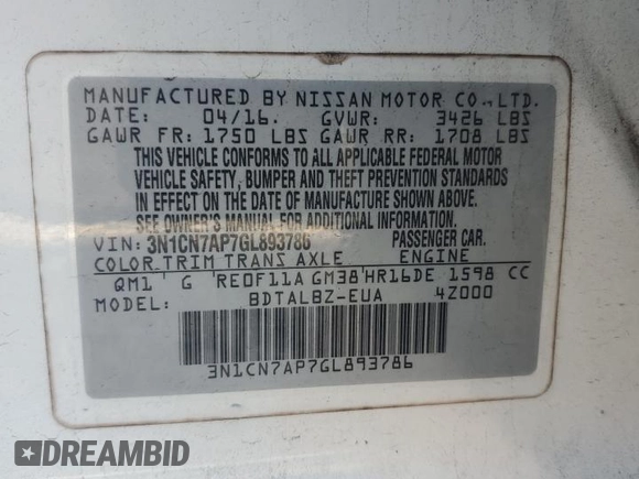2016 Nissan Versa S с VIN 3N1CN7AP7GL893786, выставлен на аукционе Copart как лот 58394985 с пробегом 107 461 миль миль и Списание • Salvage title. История ставок и продаж доступна на DreamBid. Изображение 12.