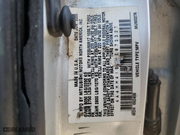2005 Mitsubishi Endeavor Limited with VIN 4A4MM41SX5E073327, listed as a Copart auction lot 74738334 with 230,133 mi miles and Salvage Title. Bid and sale history available at carsss.com. Image 15.