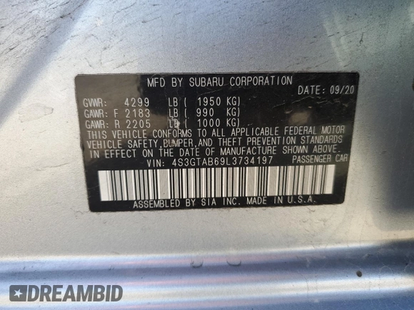 2020 Subaru Impreza with VIN 4S3GTAB69L3734197, listed as a Copart auction lot 54551625 with 69,897 mi miles and Salvage title. Bid and sale history available at DreamBid. Image 12.