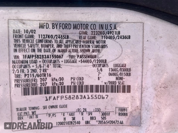 2003 Ford Taurus SE Standard z VIN 1FAFP58283A155067, wystawiony jako Copart lot #54555045 z przebiegiem 159 296 mil mil oraz Czysty tytuł • Clean title. Historia ofert i sprzedaży dostępna na DreamBid. Obrazek 10.