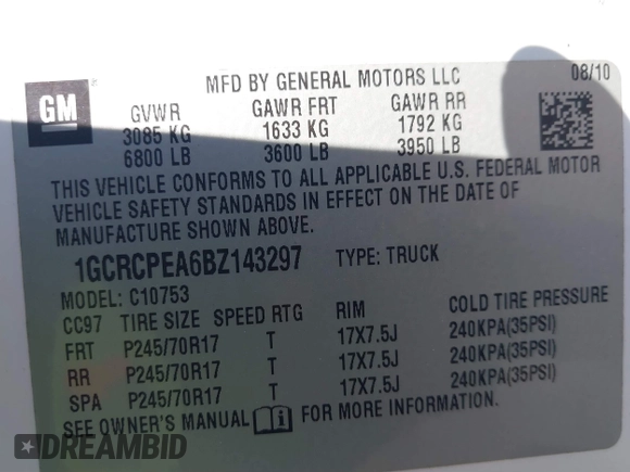 2011 Chevrolet Silverado 1500 Work Truck with VIN 1GCRCPEA6BZ143297, listed as a IAAI auction lot 41753505 with 274,741 mi miles and . Bid and sale history available at DreamBid. Image 9.