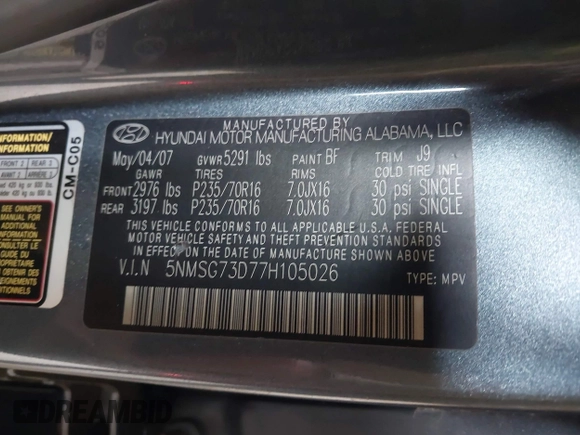 2007 Hyundai Santa Fe GLS с VIN 5NMSG73D77H105026, выставлен на аукционе IAAI как лот 42374735 с пробегом 197 106 миль миль и . История ставок и продаж доступна на DreamBid. Изображение 9.