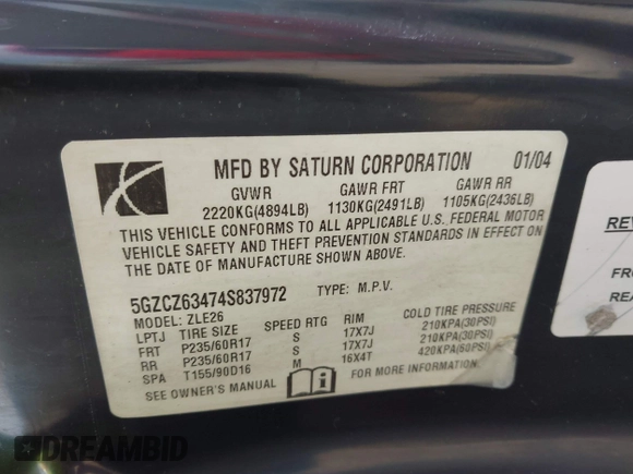 2004 Saturn VUE V6 with VIN 5GZCZ63474S837972, listed as a IAAI auction lot 42140284 with 189,000 mi miles and . Bid and sale history available at DreamBid. Image 9.