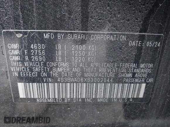 2025 Subaru Legacy Premium with VIN 4S3BWAD6XS3002044, listed as a IAAI auction lot 42302642 with 20,939 mi miles and . Bid and sale history available at DreamBid. Image 9.