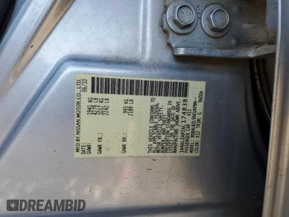 2010 Nissan Altima 2.5 SL with VIN 1N4AL2AP2AC174838, listed as a Copart auction lot 87755845 with 0 mi miles and Salvage Title. Bid and sale history available at carsss.com. Image 14.