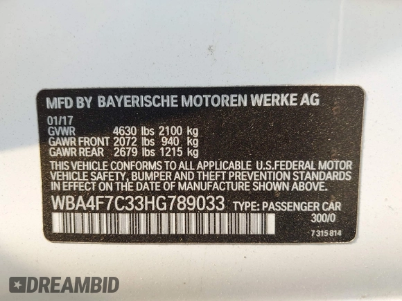 2017 BMW 4 Series 430i with VIN WBA4F7C33HG789033, listed as a IAAI auction lot 41286626 with 120,917 mi miles and . Bid and sale history available at DreamBid. Image 9.