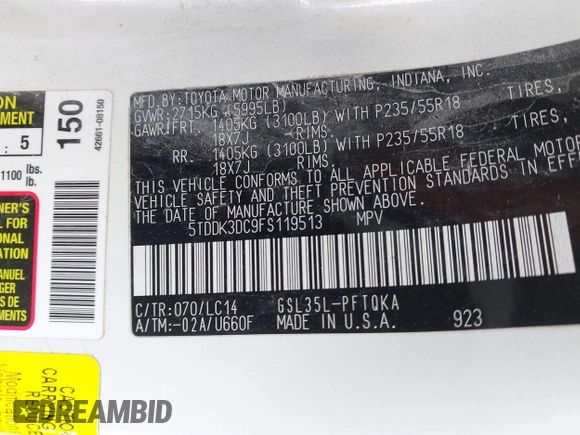 2015 Toyota Sienna Limited with VIN 5TDDK3DC9FS119513, listed as a IAAI auction lot 42290386 with 210,948 mi miles and . Bid and sale history available at DreamBid. Image 9.