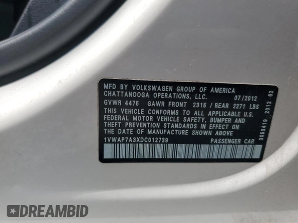 2013 Volkswagen Passat S with VIN 1VWAP7A3XDC012739, listed as a Copart auction lot 63841305 with 249,329 mi miles and Salvage title. Bid and sale history available at DreamBid. Image 13.