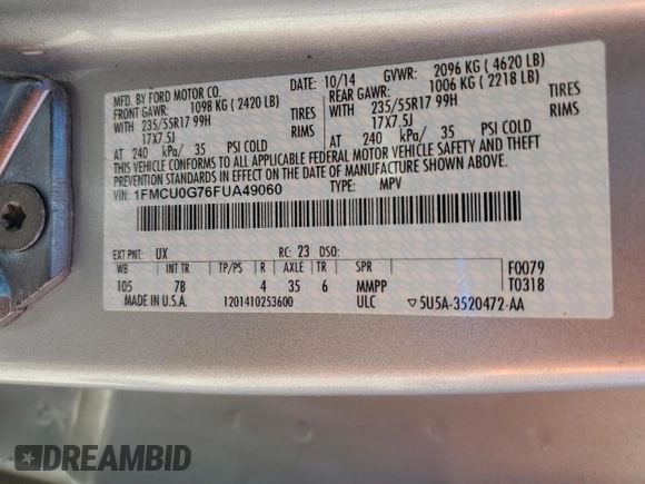 2015 Ford Escape SE z VIN 1FMCU0G76FUA49060, wystawiony jako Copart lot #58174495 z przebiegiem 50 148 mil mil oraz Szkoda całkowita • Salvage title. Historia ofert i sprzedaży dostępna na DreamBid. Obrazek 13.