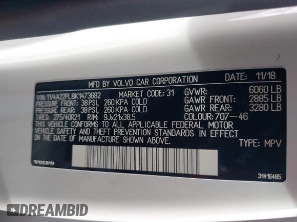 2019 Volvo XC90 Inscription with VIN YV4A22PL8K1473682, listed as a IAAI auction lot 41999191 with 47,334 mi miles. Bid and sale history available at carsss.com. Image 9.