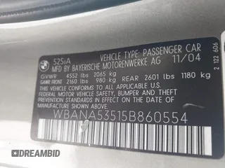 2005 BMW 5 Series 525i with VIN WBANA53515B860554, listed as a IAAI auction lot 42071388 with 122,042 mi miles. Bid and sale history available at carsss.com. Image 9.