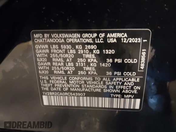 2024 Volkswagen Atlas SEL with VIN 1V2BR2CA0RC543907, listed as a IAAI auction lot 41704653 with 13,549 mi miles and . Bid and sale history available at DreamBid. Image 9.