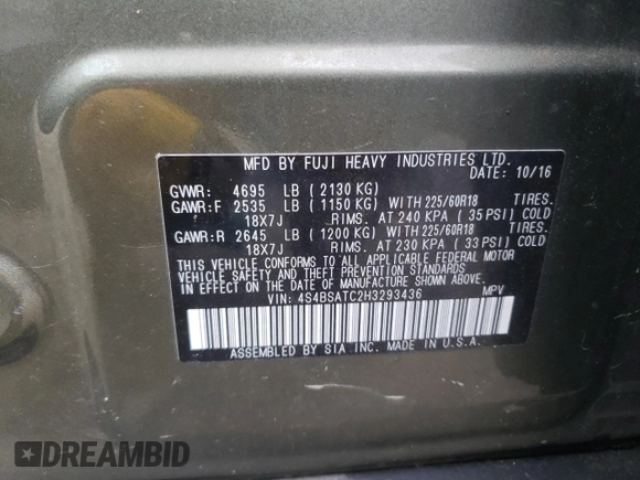 2017 Subaru Outback Touring with VIN 4S4BSATC2H3293436, listed as a Copart auction lot 56314835 with 207,783 mi miles and Salvage title. Bid and sale history available at DreamBid. Image 14.