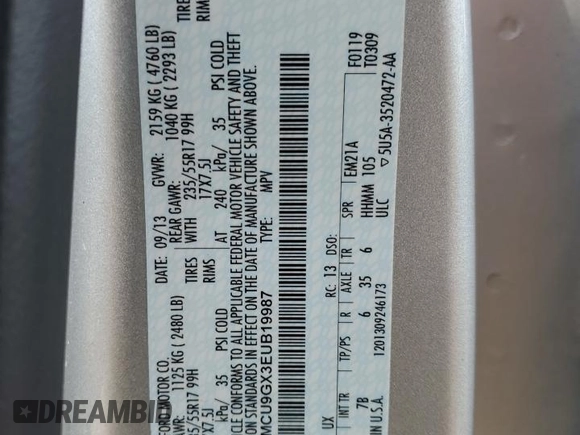 2014 Ford Escape SE with VIN 1FMCU9GX3EUB19987, listed as a Copart auction lot 64042695 with 96,775 mi miles and Salvage title. Bid and sale history available at DreamBid. Image 13.