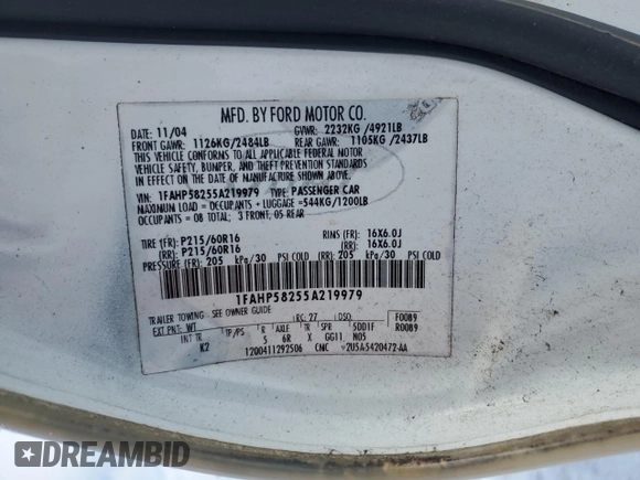 2005 Ford Taurus with VIN 1FAHP58255A219979, listed as a Copart auction lot 41699265 with 137,804 mi miles and Salvage title. Bid and sale history available at DreamBid. Image 13.