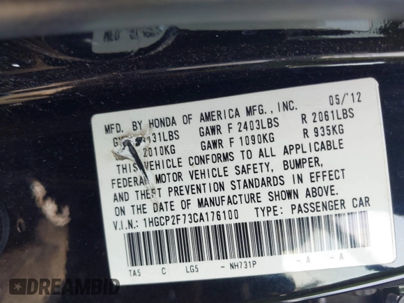2012 Honda Accord EX with VIN 1HGCP2F73CA176100, listed as a IAAI auction lot 42468514 with 207,062 mi miles and . Bid and sale history available at DreamBid. Image 9.
