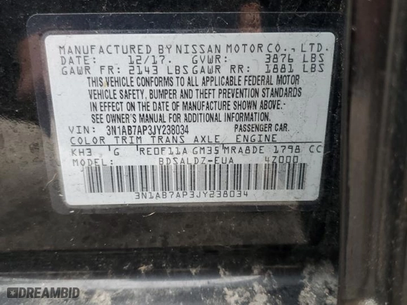 2018 Nissan Sentra S with VIN 3N1AB7AP3JY238034, listed as a Copart auction lot 44137395 with 68,391 mi miles and Salvage Title. Bid and sale history available at carsss.com. Image 13.