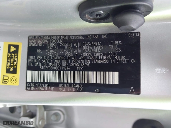 2013 Toyota Highlander with VIN 5TDZK3EH0DS111944, listed as a IAAI auction lot 41399844 with 54,696 mi miles. Bid and sale history available at carsss.com. Image 9.