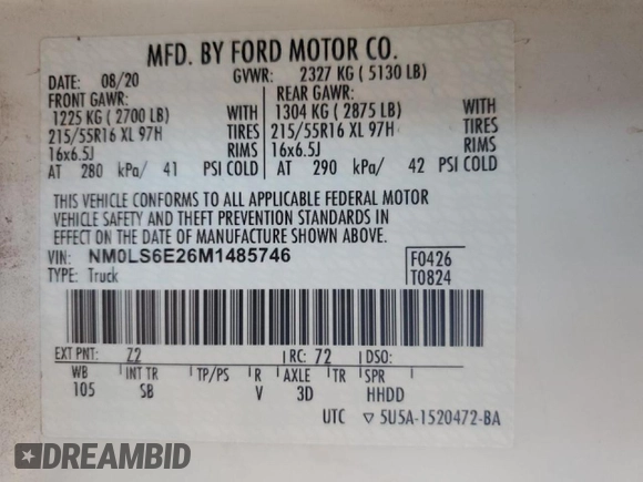 2021 Ford Transit Connect XL with VIN NM0LS6E26M1485746, listed as a Copart auction lot 84166864 with 25,547 mi miles and Salvage title. Bid and sale history available at DreamBid. Image 13.