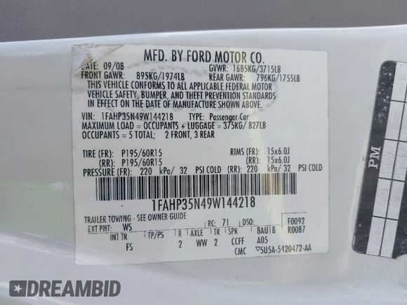 2009 Ford Focus SE with VIN 1FAHP35N49W144218, listed as a IAAI auction lot 41966945 with 207,224 mi miles. Bid and sale history available at carsss.com. Image 9.