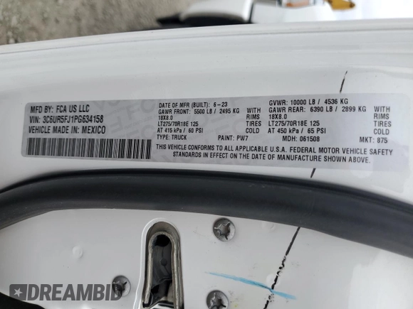 2023 Ram 2500 Laramie with VIN 3C6UR5FJ1PG634158, listed as a Copart auction lot 57164505 with 18,279 mi miles and Salvage title. Bid and sale history available at DreamBid. Image 12.