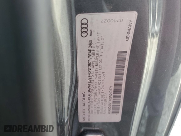 2016 Audi S5 Premium Plus with VIN WAUC4AFR6GA040971, listed as a Copart auction lot 81013414 with 121,417 mi miles and Salvage Title. Bid and sale history available at carsss.com. Image 12.