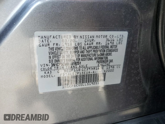 2020 Nissan Kicks SV with VIN 3N1CP5CV0LL519251, listed as a Copart auction lot 55970485 with 50,165 mi miles and Non repairable. Bid and sale history available at DreamBid. Image 14.