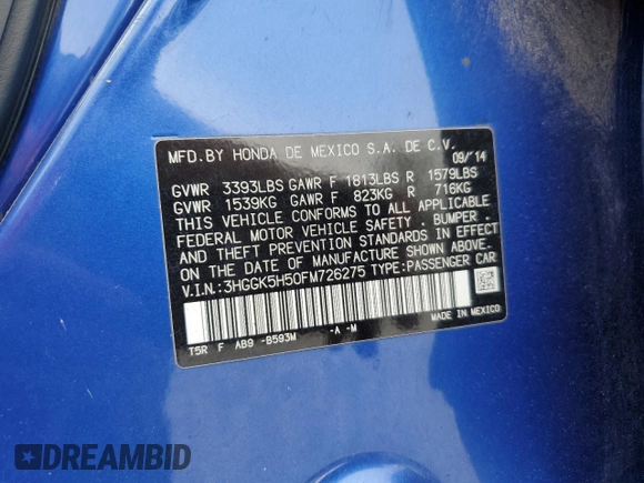 2015 Honda Fit LX with VIN 3HGGK5H50FM726275, listed as a Copart auction lot 56564315 with 123,082 mi miles and Salvage title. Bid and sale history available at DreamBid. Image 12.