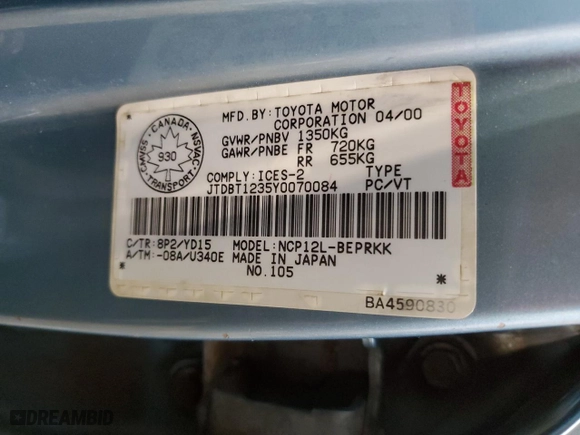 2000 Toyota ECHO with VIN JTDBT1235Y0070084, listed as a Copart auction lot 42984115 with NaN miles and Salvage Title. Bid and sale history available at carsss.com. Image 12.