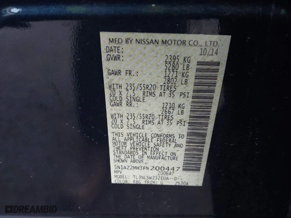 2015 Nissan Murano Platinum with VIN 5N1AZ2MH3FN200447, listed as a IAAI auction lot 41488023 with 4,649 mi miles. Bid and sale history available at carsss.com. Image 9.