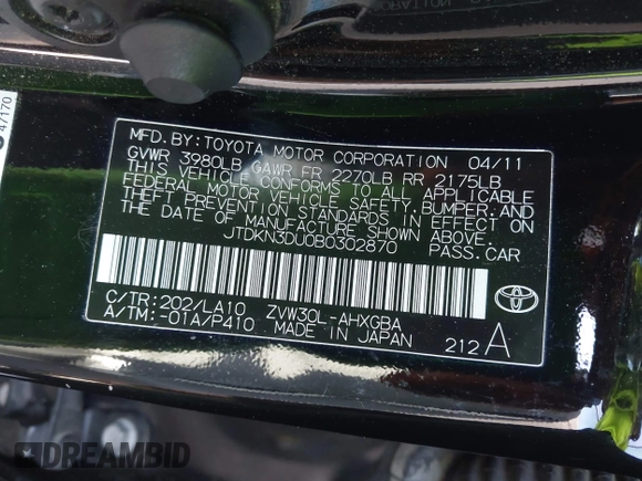 2011 Toyota Prius I z VIN JTDKN3DU0B0302870, wystawiony jako IAAI lot #42398286 z przebiegiem 190 527 mil mil oraz . Historia ofert i sprzedaży dostępna na DreamBid. Obrazek 9.