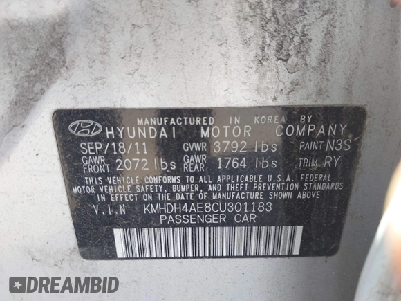 2012 Hyundai Elantra GLS с VIN KMHDH4AE8CU301183, выставлен на аукционе IAAI как лот 42363244 с пробегом 174 877 миль миль и . История ставок и продаж доступна на DreamBid. Изображение 9.