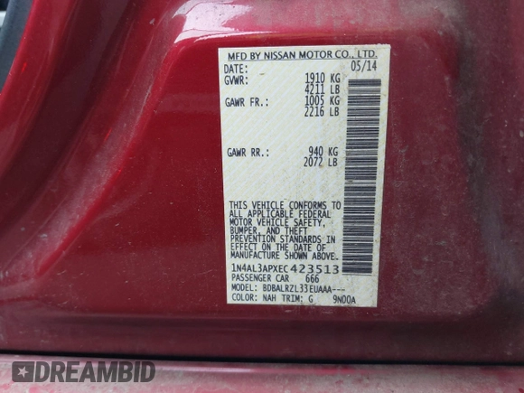 2014 Nissan Altima 2.5 with VIN 1N4AL3APXEC423513, listed as a IAAI auction lot 41418175 with 184,876 mi miles. Bid and sale history available at carsss.com. Image 9.