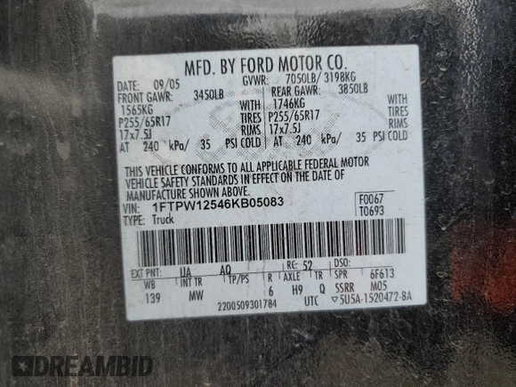 2006 Ford F-150 XLT with VIN 1FTPW12546KB05083, listed as a Copart auction lot 50894295 with Not provided miles and Salvage title. Bid and sale history available at DreamBid. Image 13.