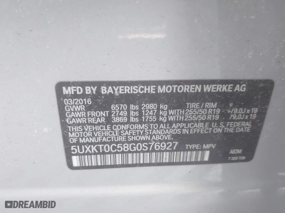 2016 BMW X5 eDrive xDrive40e with VIN 5UXKT0C58G0S76927, listed as a IAAI auction lot 41642438 with 78,312 mi miles. Bid and sale history available at carsss.com. Image 9.