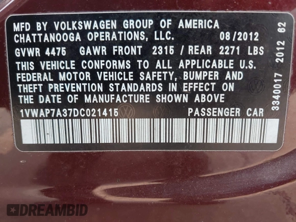 2013 Volkswagen Passat Wolfsburg Edition with VIN 1VWAP7A37DC021415, listed as a IAAI auction lot 42402557 with 145,025 mi miles and . Bid and sale history available at DreamBid. Image 9.