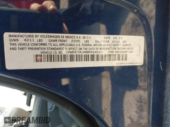 2011 Volkswagen Jetta SE with VIN 3VWDZ7AJ4BM324511, listed as a IAAI auction lot 42355964 with 122,509 mi miles and . Bid and sale history available at DreamBid. Image 9.