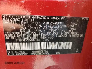 2013 Toyota RAV4 LE with VIN 2T3BFREV3DW047640, listed as a Copart auction lot 54595895 with 184,084 mi miles and Salvage title. Bid and sale history available at DreamBid. Image 14.