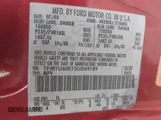 2002 Ford Explorer Sport Value с VIN 1FMYU60E72UD69189, выставлен на аукционе IAAI как лот 42282925 с пробегом 71 986 миль миль и . История ставок и продаж доступна на DreamBid. Изображение 9.