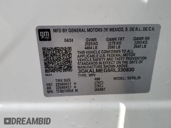 2024 GMC Terrain SLE with VIN 3GKALMEG5RL330830, listed as a Copart auction lot 60170995 with 8,395 mi miles and Salvage title. Bid and sale history available at DreamBid. Image 13.