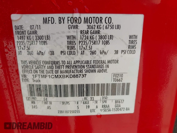 2011 Ford F-150 XL with VIN 1FTMF1CMXBKD88737, listed as a IAAI auction lot 41868349 with 276,266 mi miles. Bid and sale history available at carsss.com. Image 9.