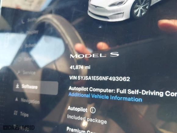 2022 Tesla Model S with VIN 5YJSA1E56NF493062, listed as a IAAI auction lot 41616427 with 41,874 mi miles. Bid and sale history available at carsss.com. Image 14.