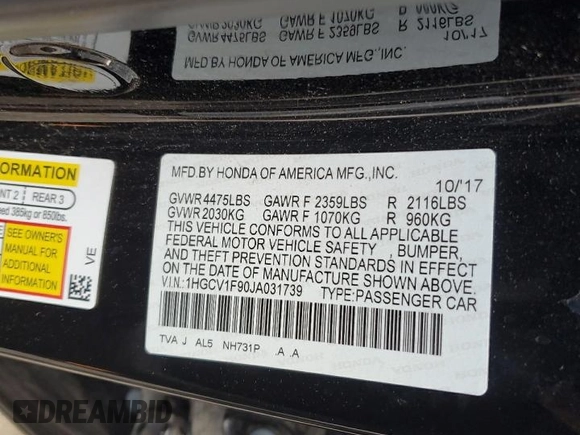 2018 Honda Accord Touring z VIN 1HGCV1F90JA031739, wystawiony jako Copart lot #54848365 z przebiegiem 114 634 mil mil oraz Szkoda całkowita • Salvage title. Historia ofert i sprzedaży dostępna na DreamBid. Obrazek 12.