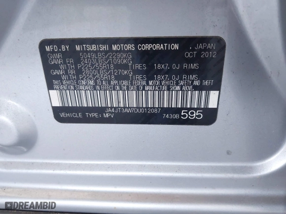 2013 Mitsubishi Outlander SE with VIN JA4JT3AW7DU012087, listed as a IAAI auction lot 41853230 with 162,824 mi miles. Bid and sale history available at carsss.com. Image 9.