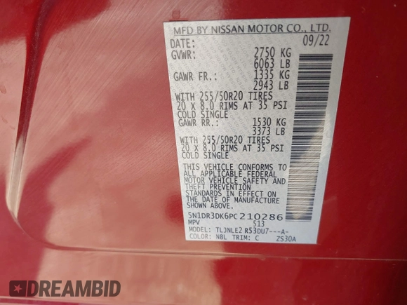 2023 Nissan Pathfinder Platinum with VIN 5N1DR3DK6PC210286, listed as a IAAI auction lot 42021775 with 48,482 mi miles and . Bid and sale history available at DreamBid. Image 9.