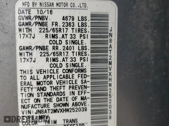 2017 Nissan Rogue SL z VIN JN8AT2MVXHW252039, wystawiony jako Copart lot #59913495 z przebiegiem 103 667 mil mil oraz Szkoda całkowita • Salvage title. Historia ofert i sprzedaży dostępna na DreamBid. Obrazek 14.