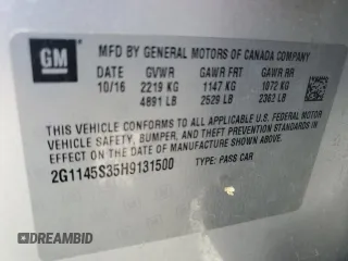 2017 Chevrolet Impala Premier with VIN 2G1145S35H9131500, listed as a Copart auction lot 62735235 with Not provided miles and Salvage title. Bid and sale history available at DreamBid. Image 12.