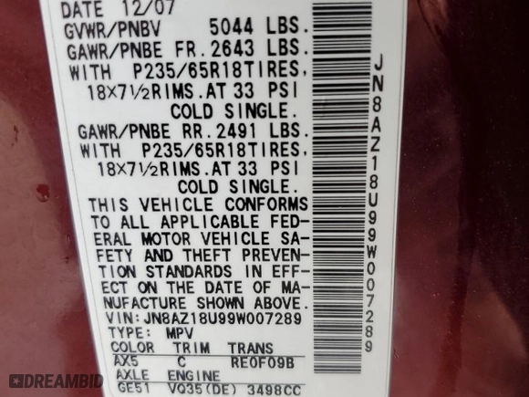 2009 Nissan Murano SL with VIN JN8AZ18U99W007289, listed as a Copart auction lot 48181165 with 123,070 mi miles and Clean Title. Bid and sale history available at carsss.com. Image 13.