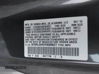 2015 Honda Odyssey Touring Elite with VIN 5FNRL5H92FB089627, listed as a IAAI auction lot 41115013 with Not Provided miles and . Bid and sale history available at DreamBid. Image 9.