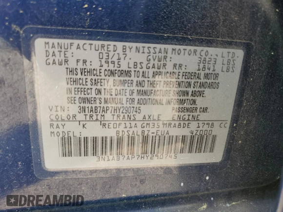 2017 Nissan Sentra S with VIN 3N1AB7AP7HY290745, listed as a Copart auction lot 52004175 with 83,990 mi miles and Clean Title. Bid and sale history available at carsss.com. Image 12.